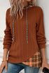 Plaid Patchwork Ribbed Knit Asymmetric Hem Hooded Top